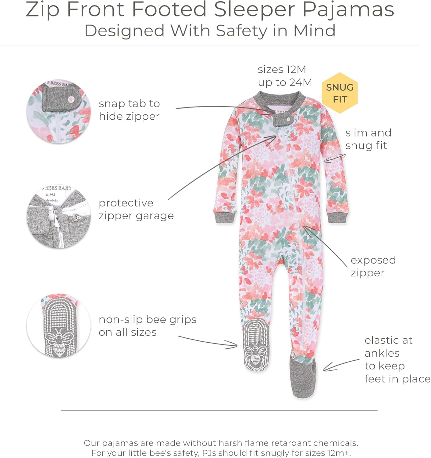 Baby-Girls Sleeper Pajamas, Zip Front Non-Slip Footed Sleeper Pjs, 100% Organic Cotton