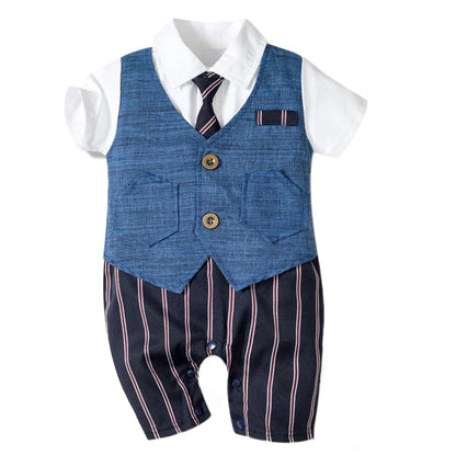 Summer Baby Romper Suit Newborn Boys Formal Clothing Cotton Children Hat + Jumpsuit + Shoes + Socks 4 Pieces Outfit Blue Costume